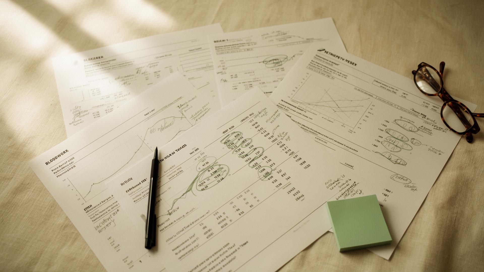 Several printed lab reports spread across linen, key values circled in sage-green pen with handwritten margin notes — the careful work of cross-referencing a patient's full picture